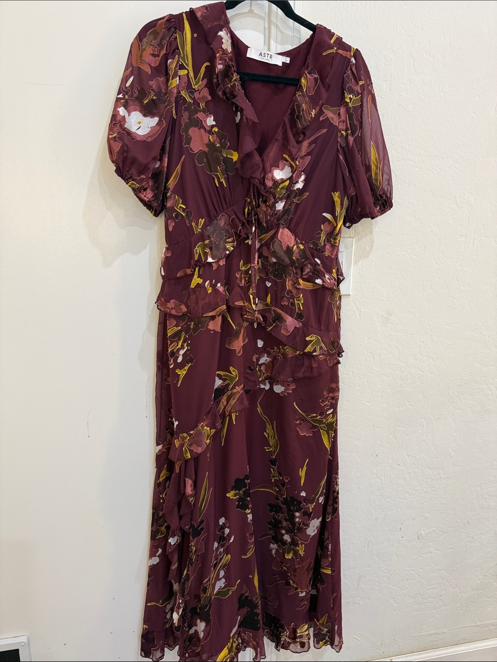 Astr Burgundy Floral Ruffle Midi Dress